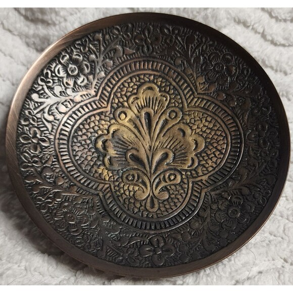 BEAUTIFUL Vintage 3pc BRONZE AntiqueBrass ETCHED 5"TrinketBox Lid 4"Saucer INDIA - Picture 5 of 16